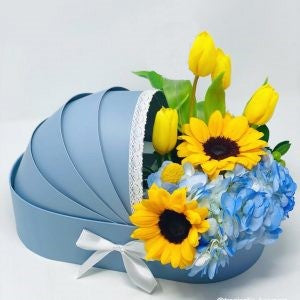 Baby Cradle Box with Flower Arrangements (Blue)